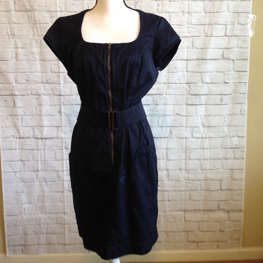 French Connection Navy Blue Dress Front Zip & Belt